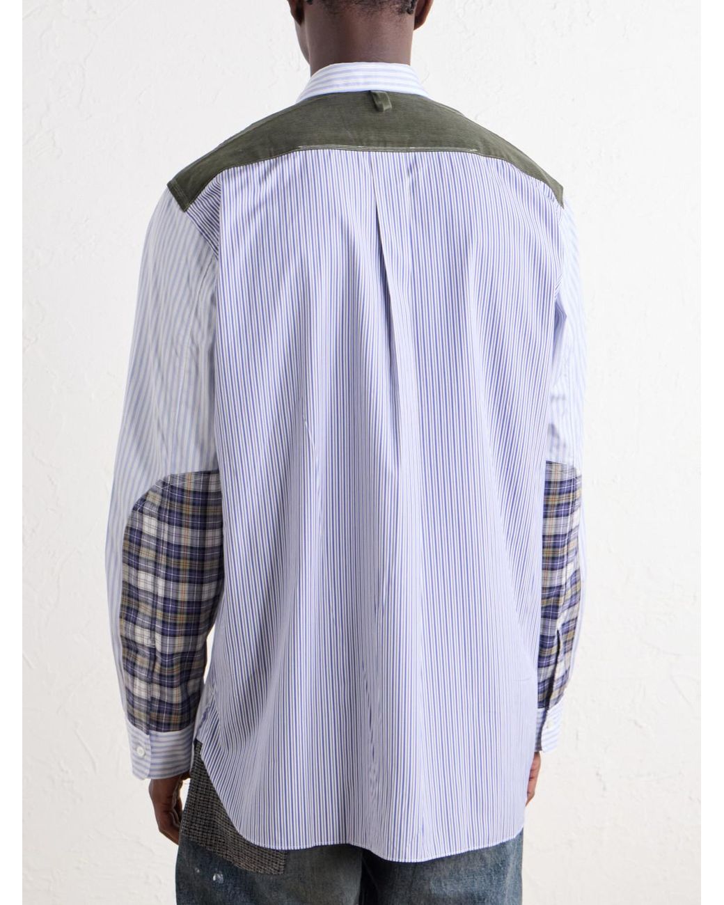 Junya Watanabe Blue Striped Corduroy And Twill-Trimmed Cotton-Poplin Shirt for men