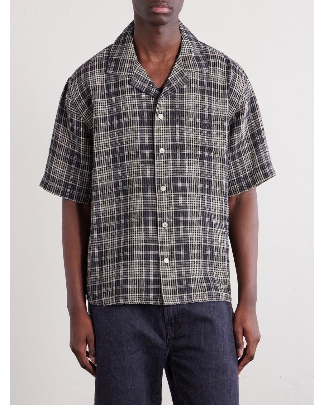 Corridor NYC Gray Camp-Collar Checked Seersucker Shirt for men