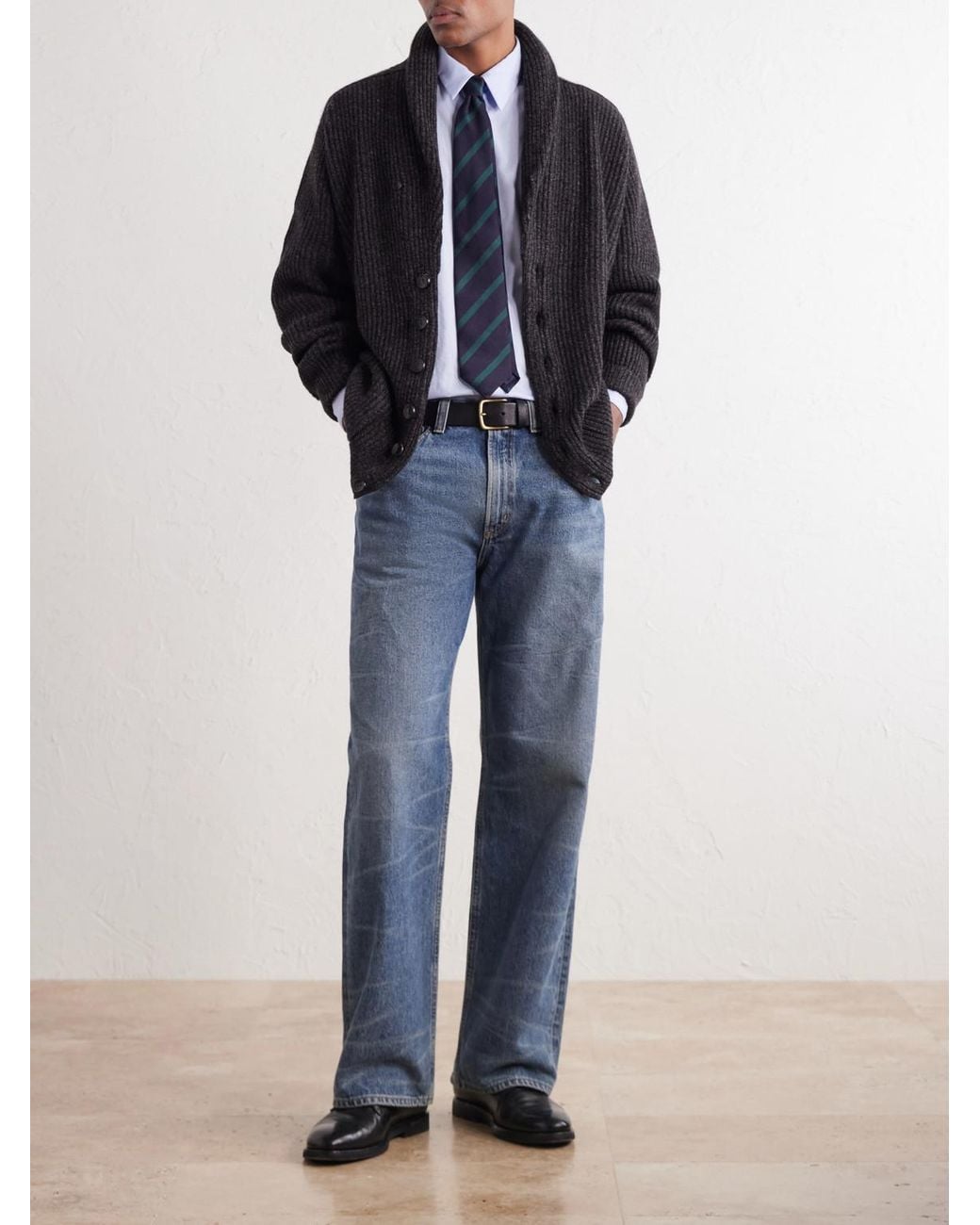 N.Peal Cashmere Black Kensington Shawl-Collar Ribbed Cashmere Cardigan for men