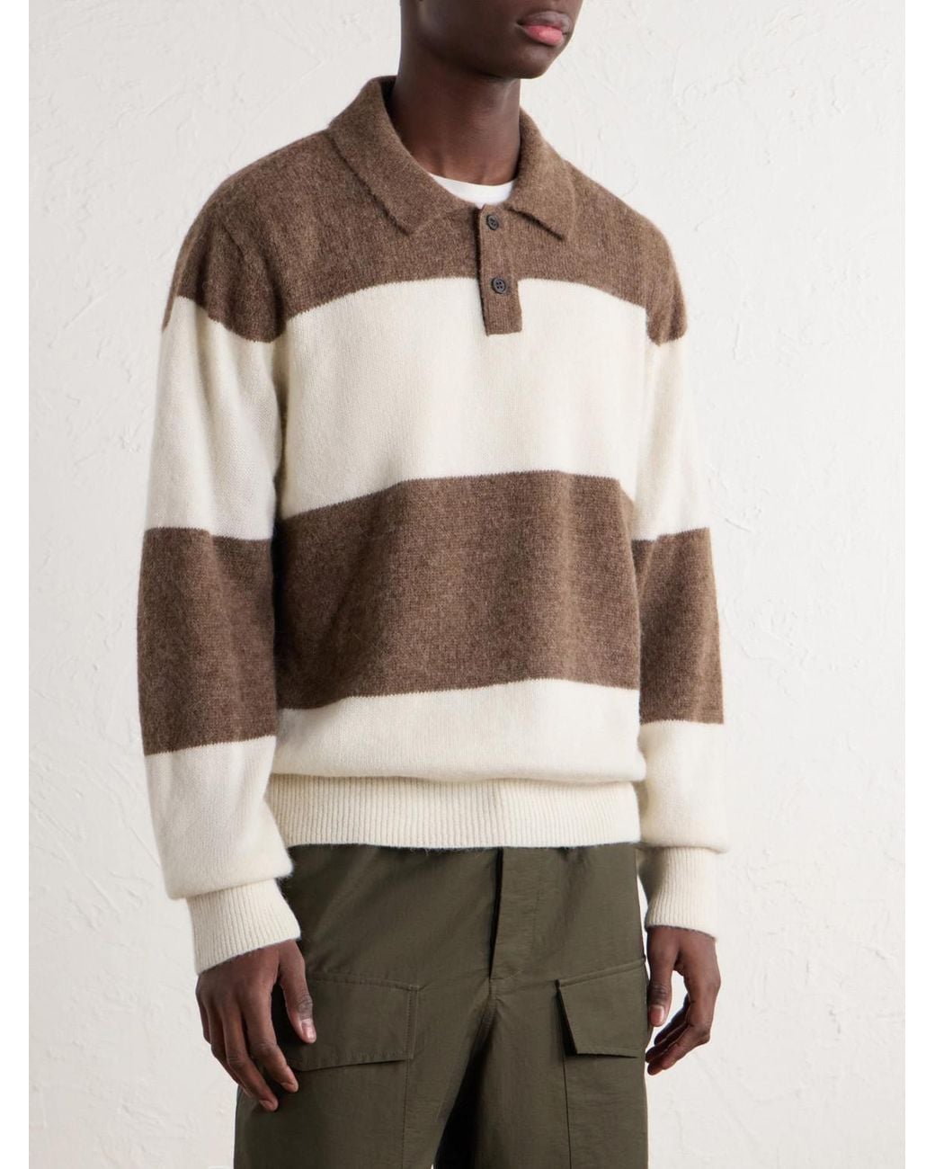 Corridor NYC Natural Striped Woven Brushed Alpaca-Blend Polo Sweater for men