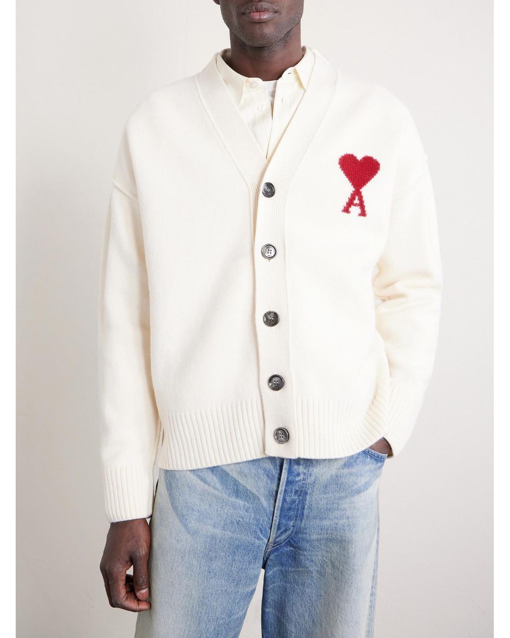 AMI Natural Logo-Intarsia Merino Wool Cardigan for men
