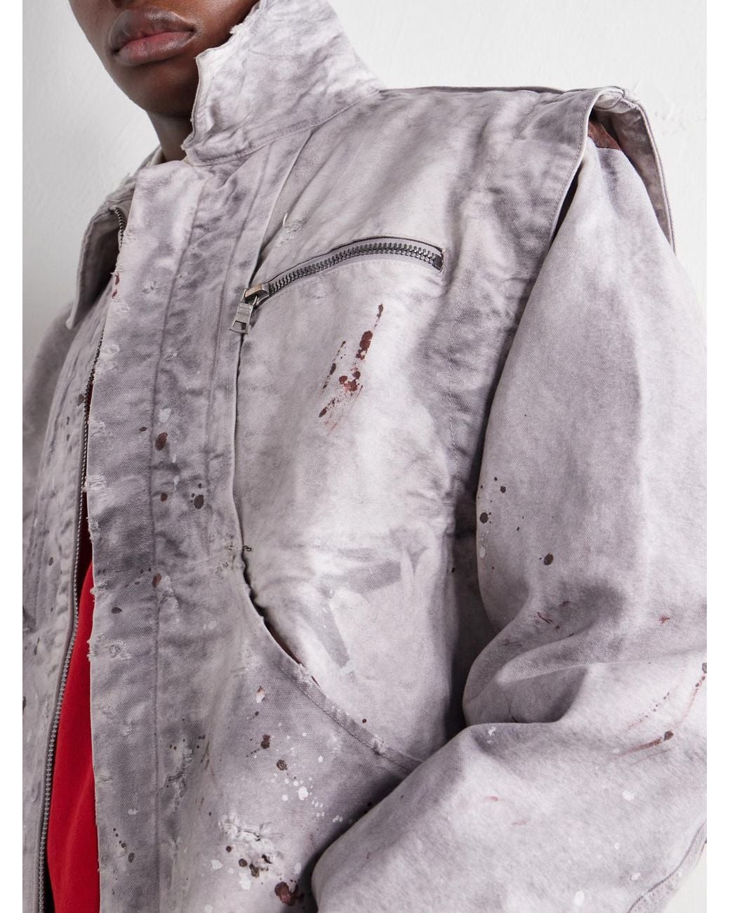 SEKRIT White Chopper Cropped Distressed Cotton-Canvas Bomber Jacket for men