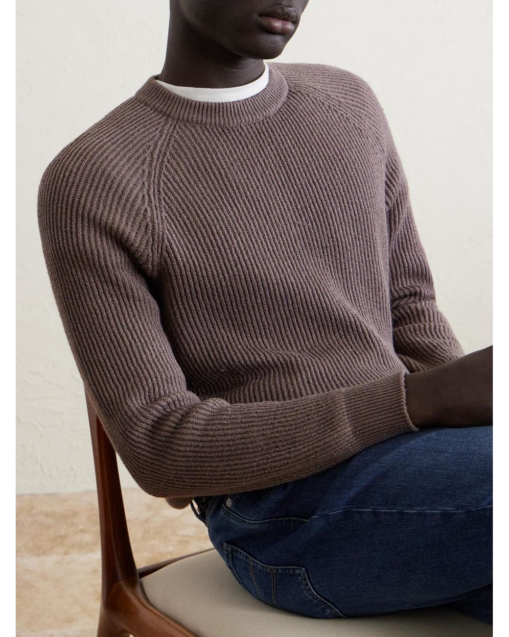 Brunello Cucinelli Brown Ribbed Cotton Sweater for men