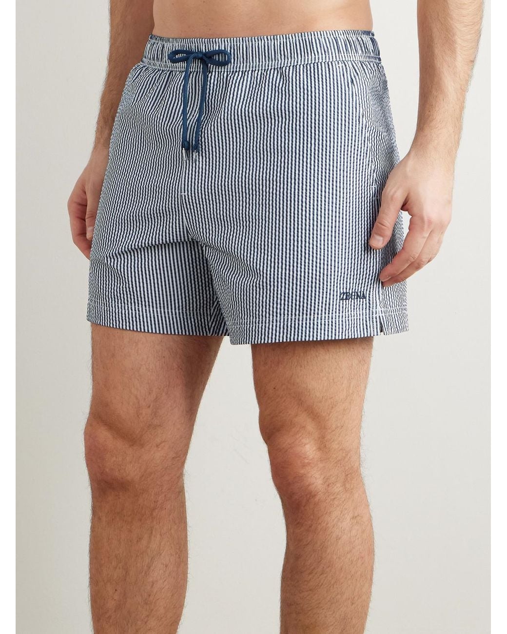 Zegna Blue Straight-Leg Mid-Length Striped Seersucker Shorts for men