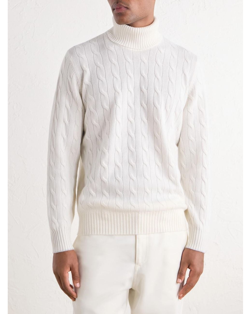 Brunello Cucinelli White Cable-Knit Cashmere Rollneck Sweater for men