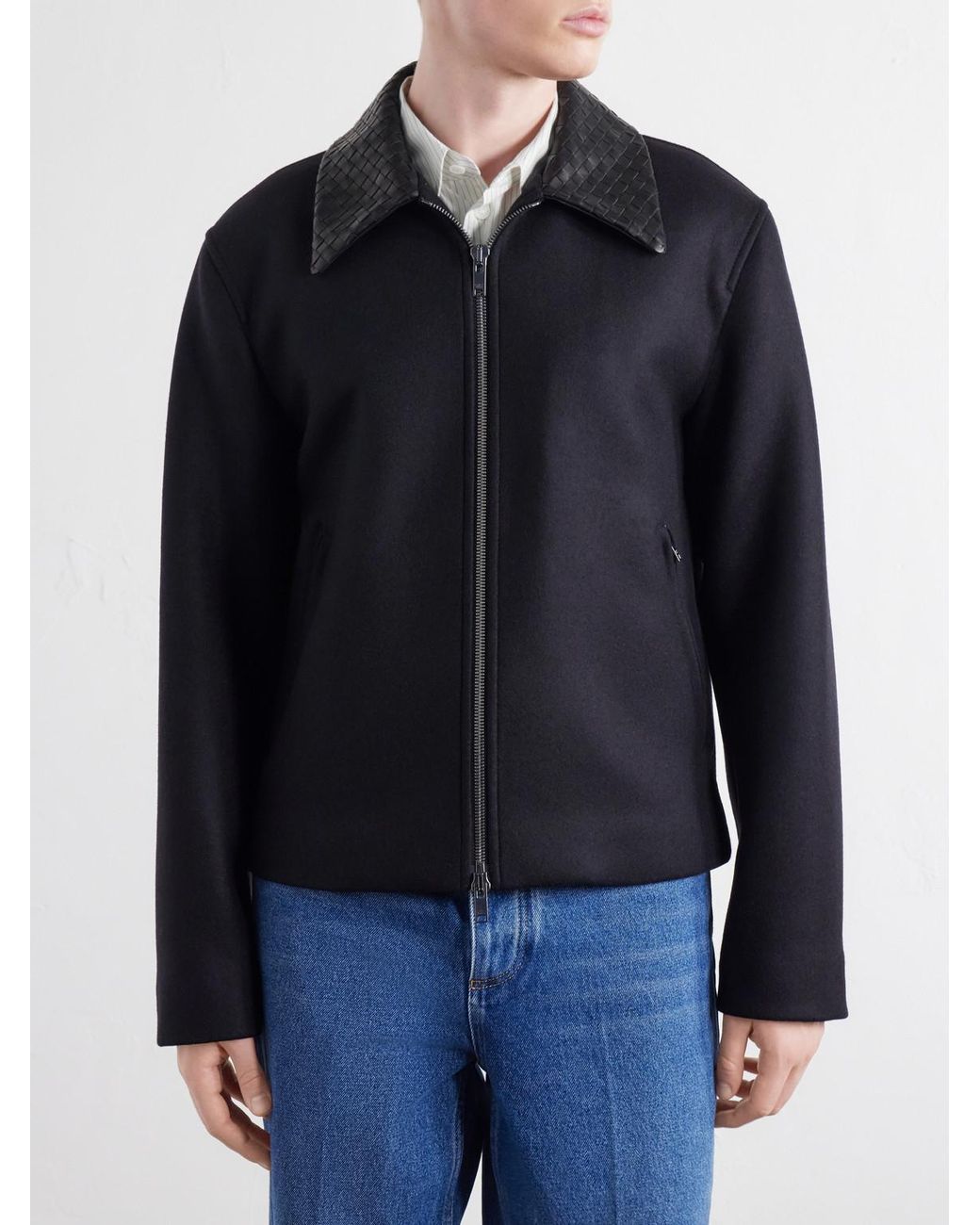Bottega Veneta Black Intrecciato Leather-Trimmed Wool-Felt Jacket for men