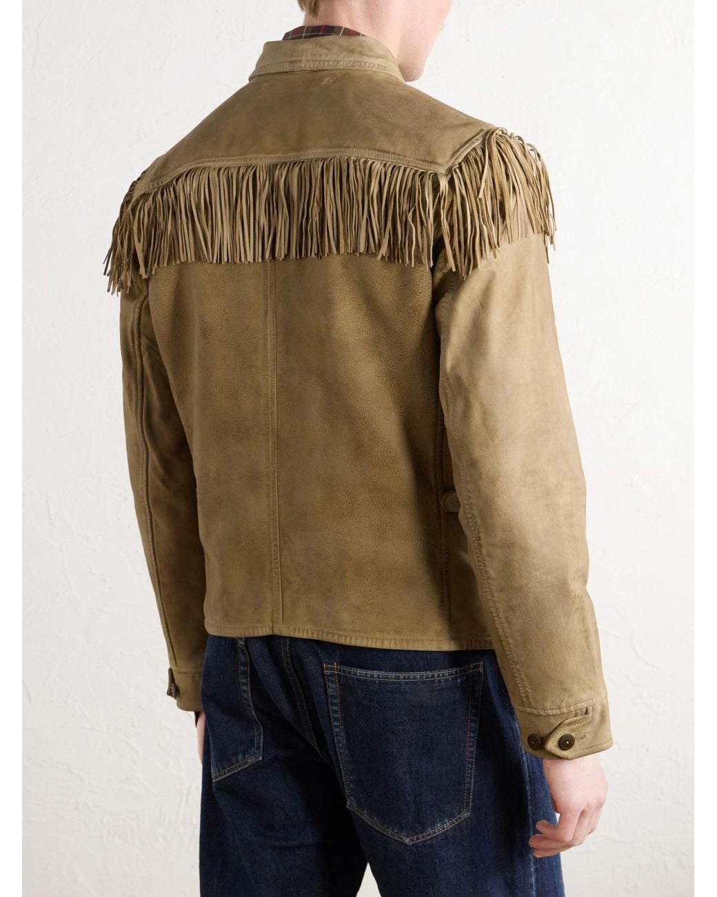 RRL Natural Elkhorn Fringed Suede-Trimmed Leather Jacket for men