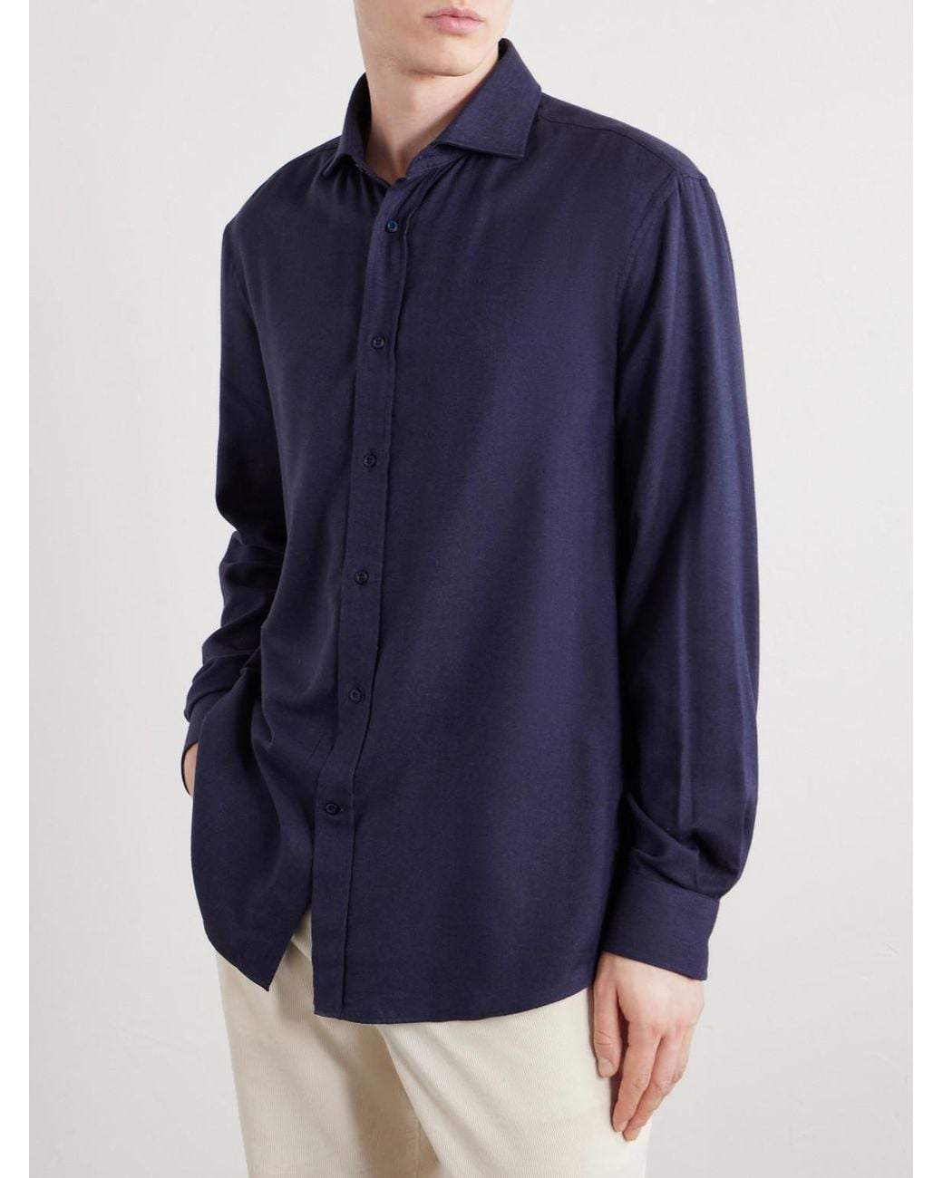 Brunello Cucinelli Blue Herringbone Cotton And Lyocell-Blend Shirt for men