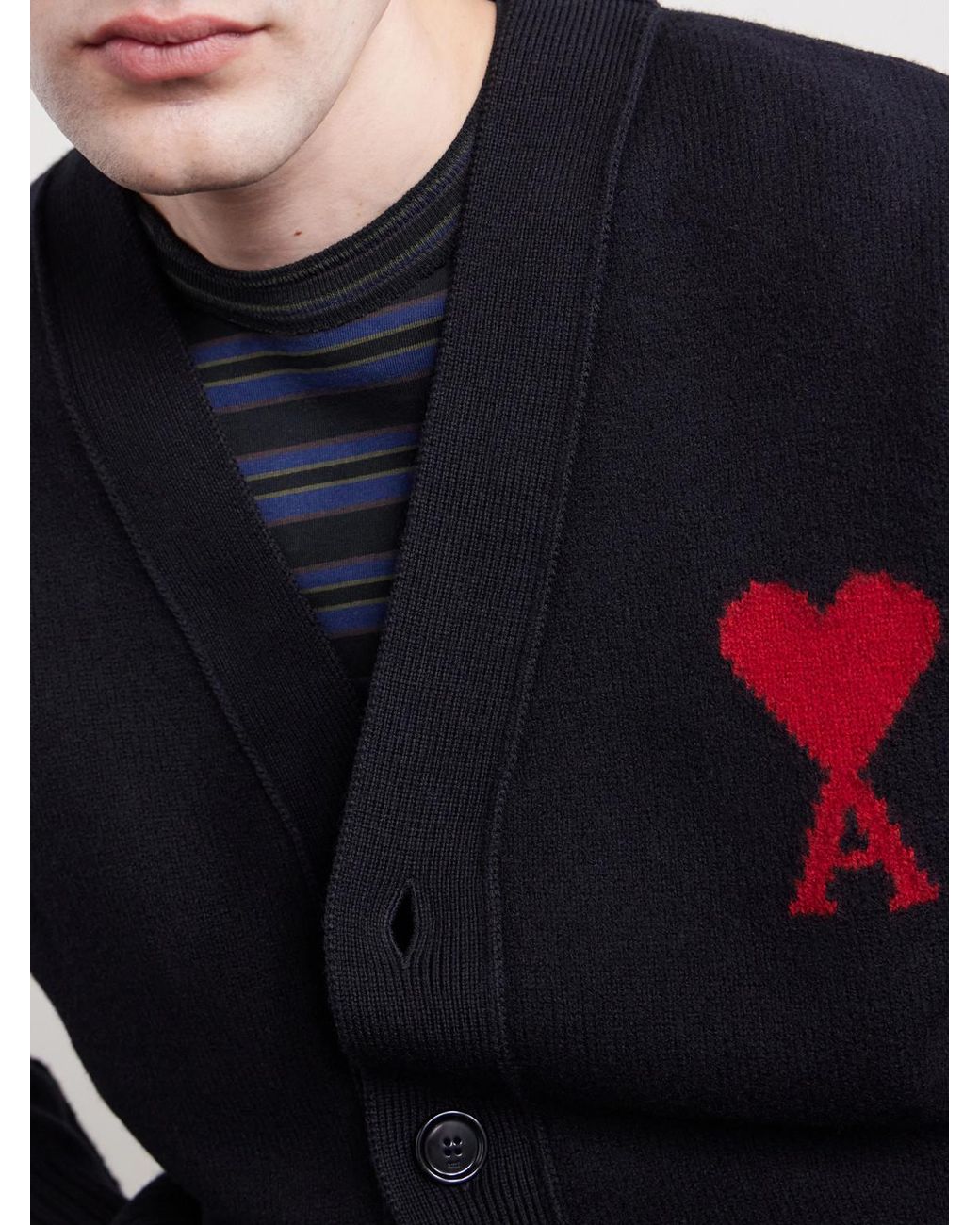 AMI Black Logo-Intarsia Virgin Wool Cardigan for men