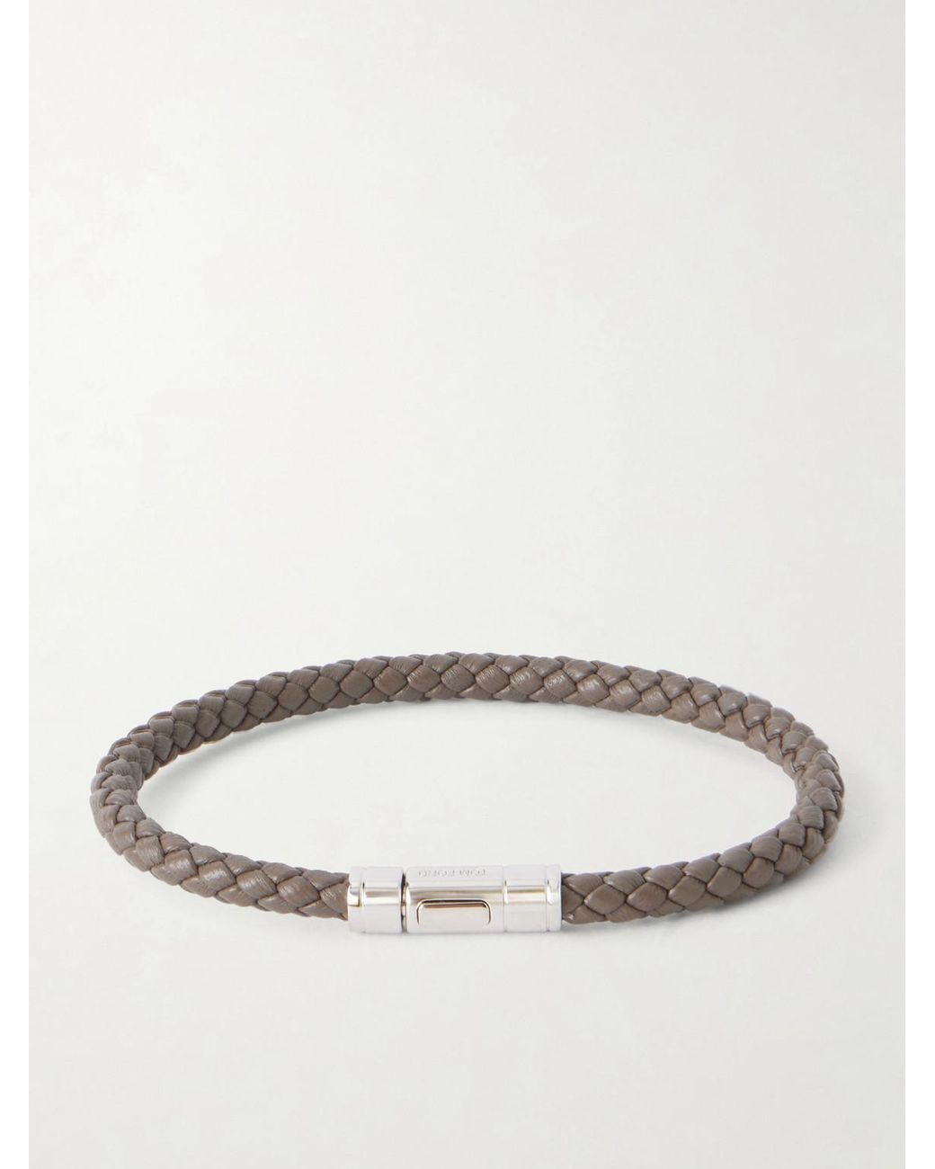 Tom Ford Natural Logo-engraved Silver-tone And Woven Leather Bracelet for men