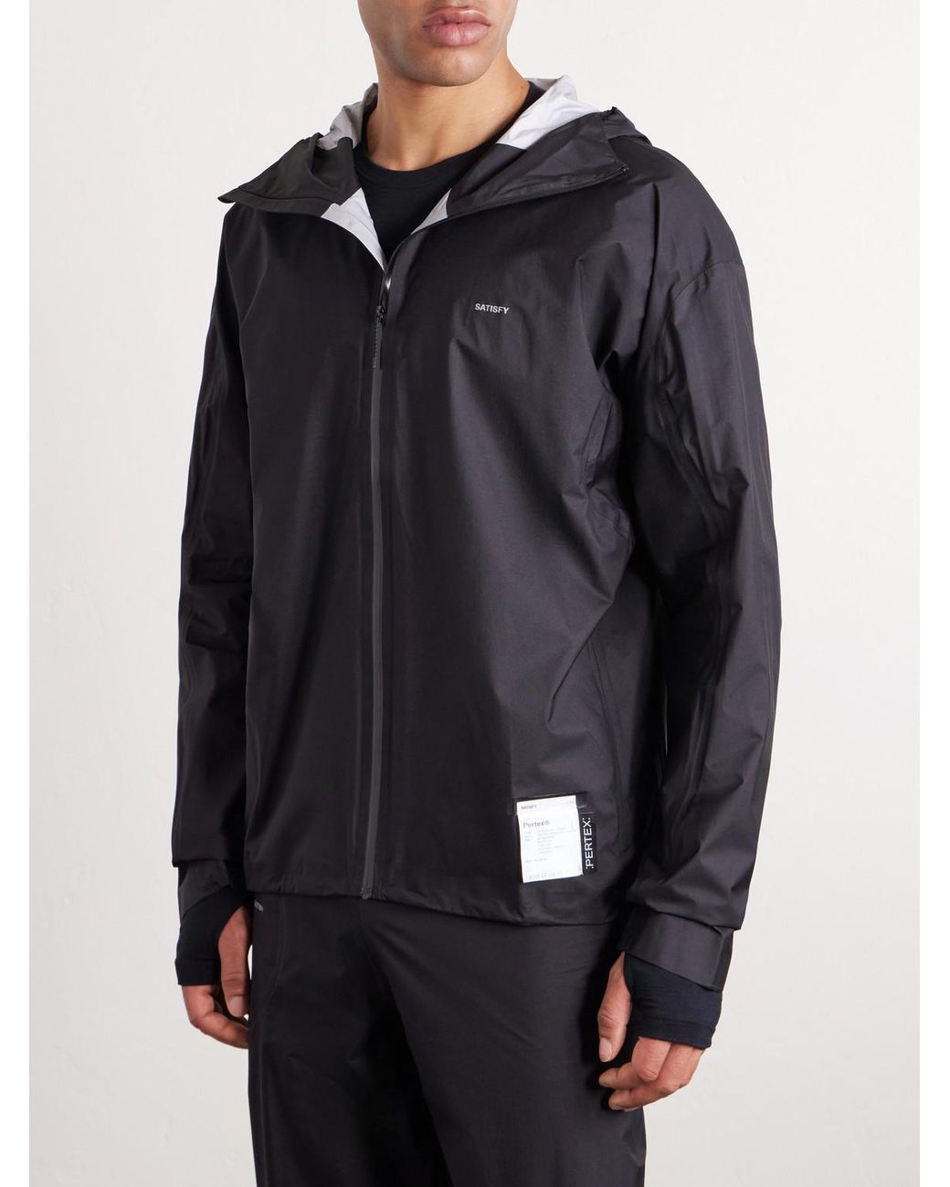 Satisfy Black Rain Fly Hooded Logo-Printed Pertex Shield Air Jacket for men