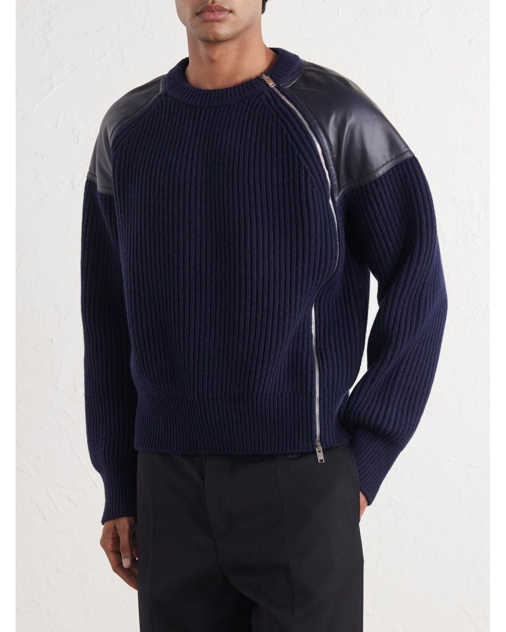 Bottega Veneta Blue Leather-Trimmed Ribbed Wool And Cashmere-Blend Zip-Up Sweater for men