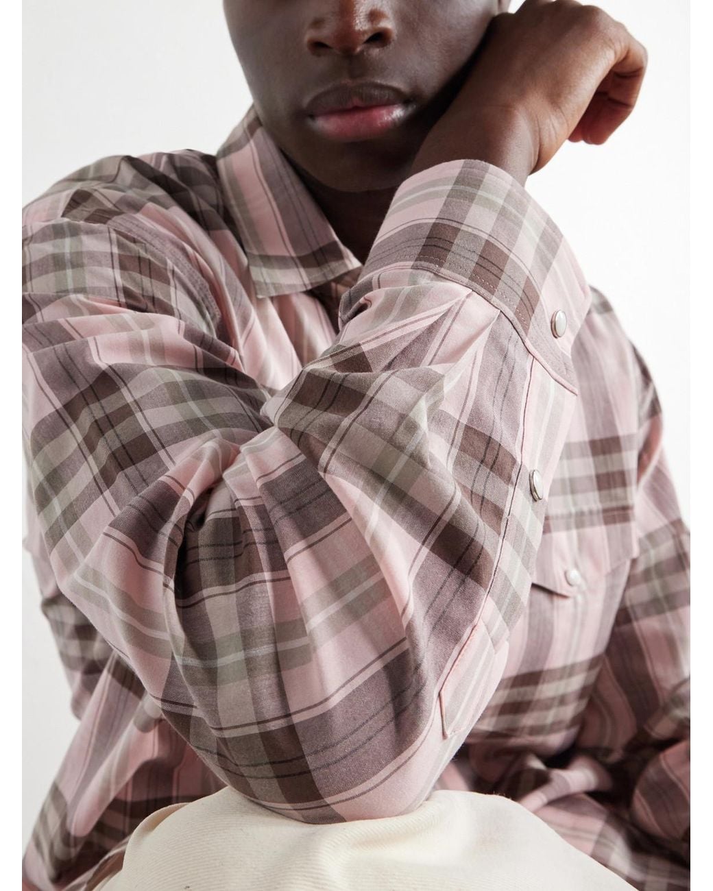 Auralee Pink Checked Cotton And Silk-Blend Flannel Shirt for men