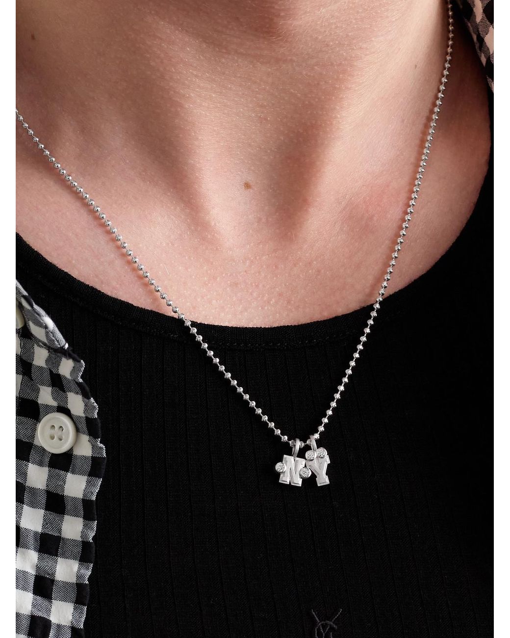 Greg Yuna Black Sÿlver Babÿ Umlaut Ny Initial Sterling Silver Diamond Pendant Necklace for men
