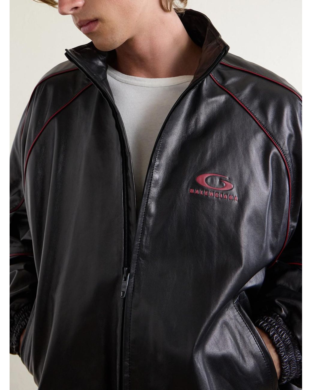 Balenciaga Black Logo-Embossed Leather Jacket for men