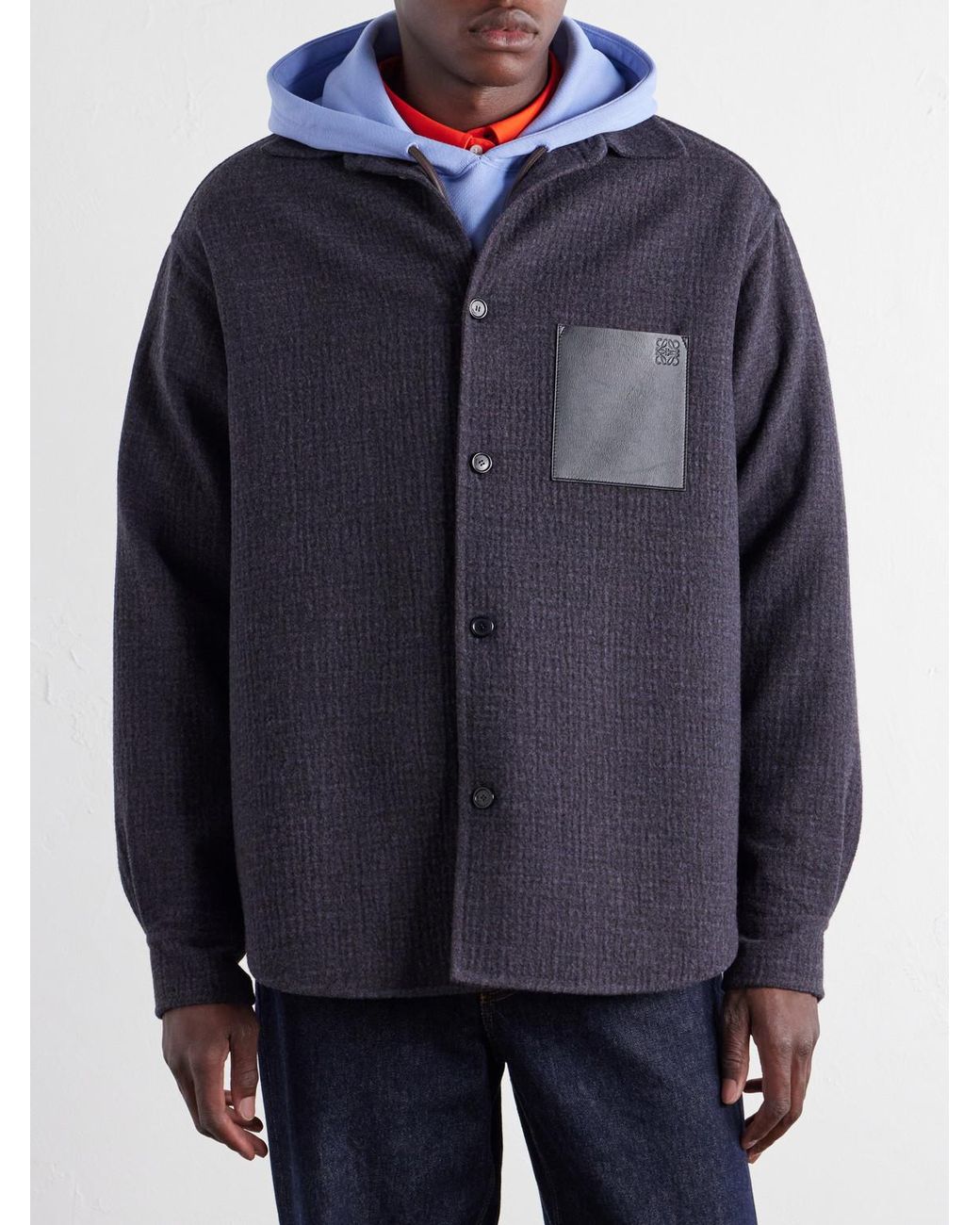Loewe Blue Leather-Patched Wool And Silk-Blend Overshirt for men