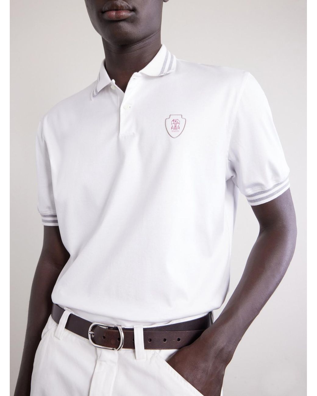 Brunello Cucinelli White Logo-Appliquéd Striped Cotton-Jersey Polo Shirt for men