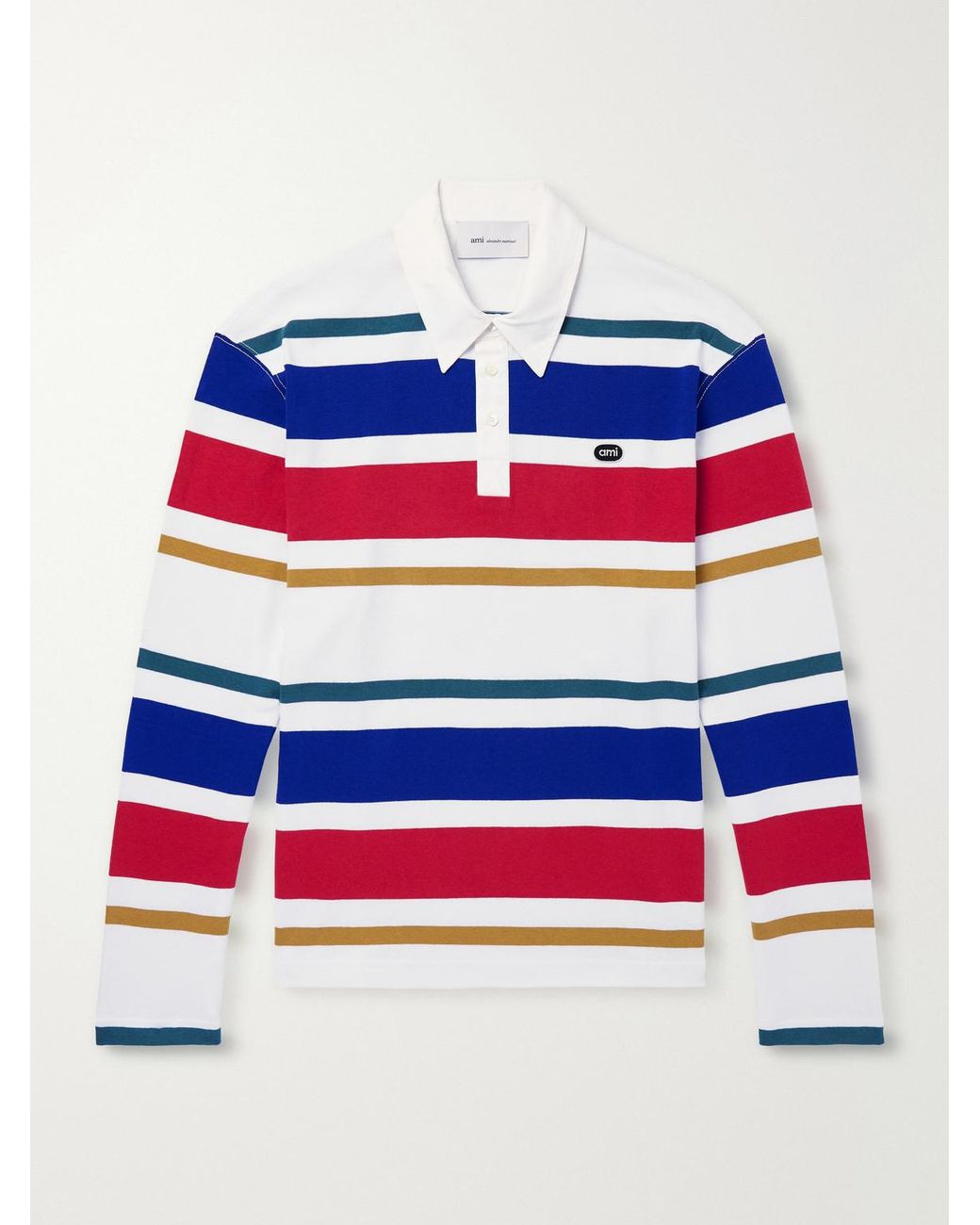 AMI Blue Logo-Appliqué Striped Cotton-Jersey Polo Shirt for men