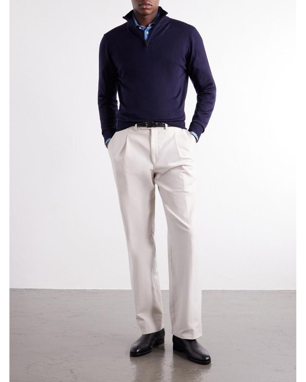 Canali Blue Rib-Trimmed Wool Half-Zip Sweater for men