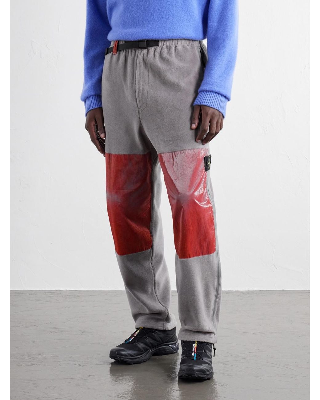 Stone Island Red Straight-Leg Belted Heat-Reactive Ripstop-Trimmed Brushed Cotton-Blend Fleece Trousers for men