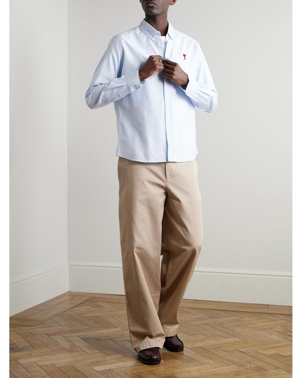 AMI White Adc Button-Down Collar Logo-Embroidered Striped Cotton Oxford Shirt for men