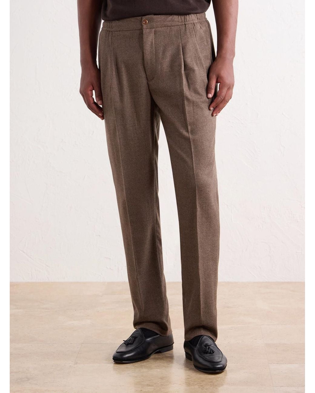 Rubinacci Brown Convertible Tapered Drawstring Virgin Wool-Flannel Trousers for men