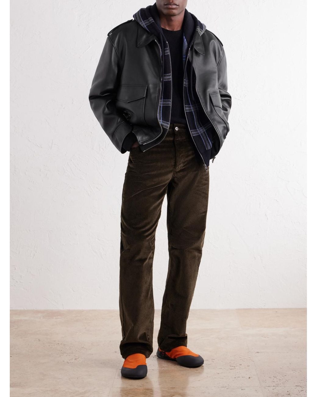 Loewe Black Hooded Checked Knit-Trimmed Leather Jacket for men