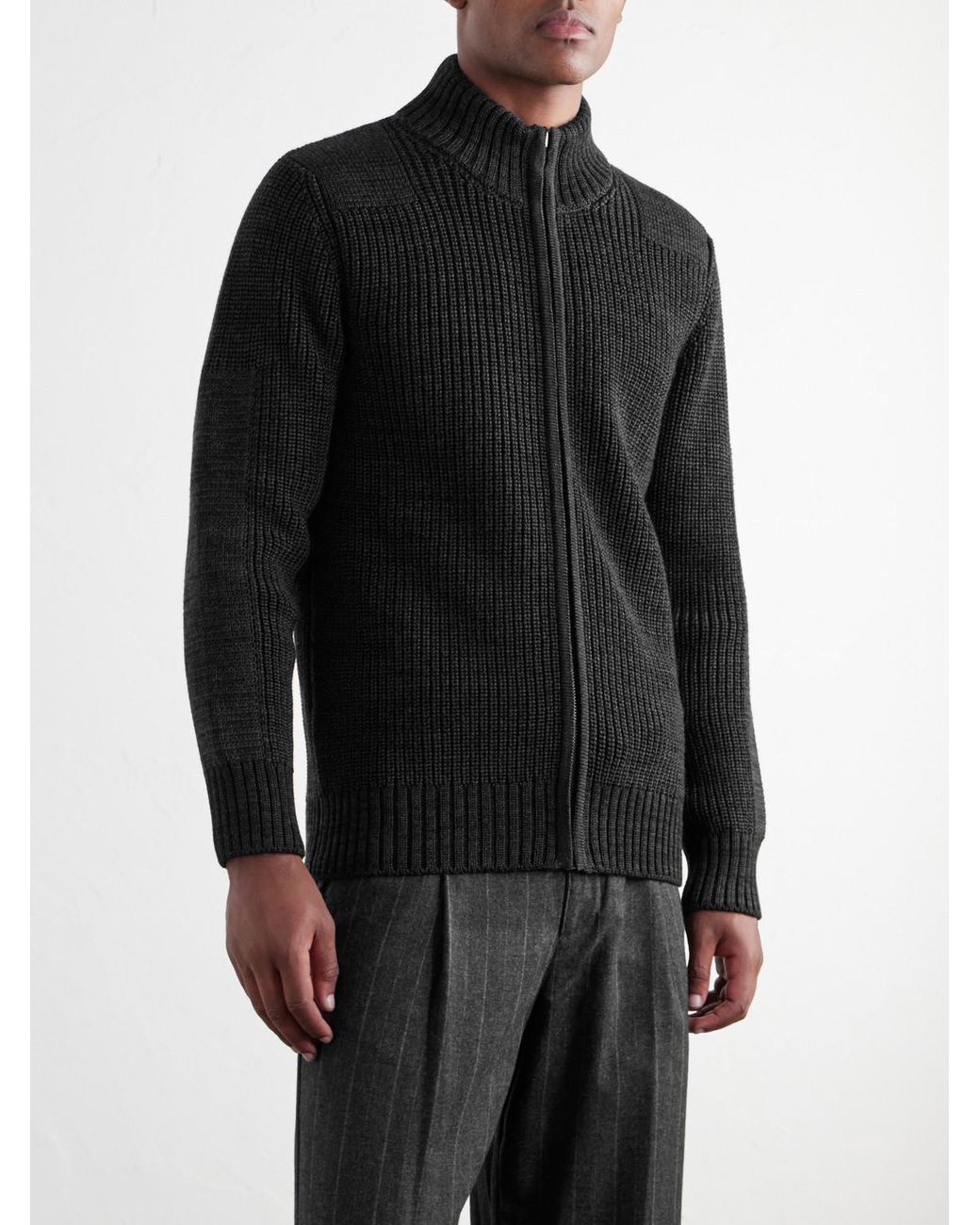 S.N.S Herning Black Robust Merino Wool Zip-Up Sweater for men