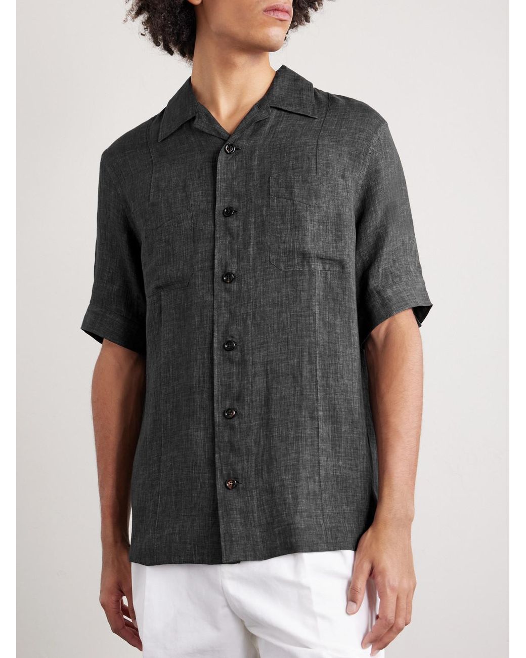 Brunello Cucinelli Black Camp-collar Linen Shirt for men