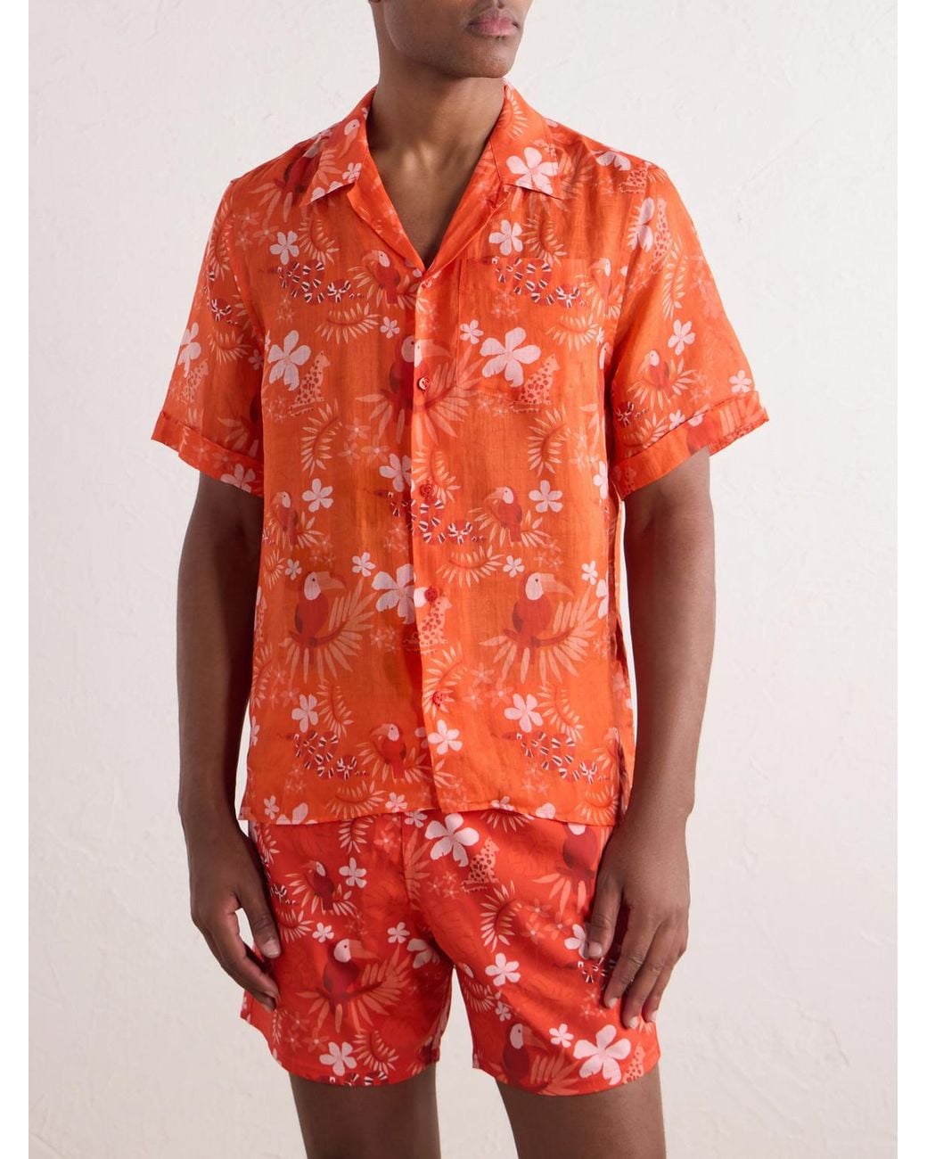 Vilebrequin Orange Charli Camp-Collar Printed Ramie Shirt for men
