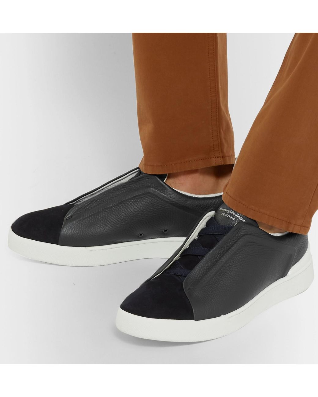 Zegna Triple Stitch Full-grain Leather And Suede Slip-on Sneakers in Black  for Men | Lyst