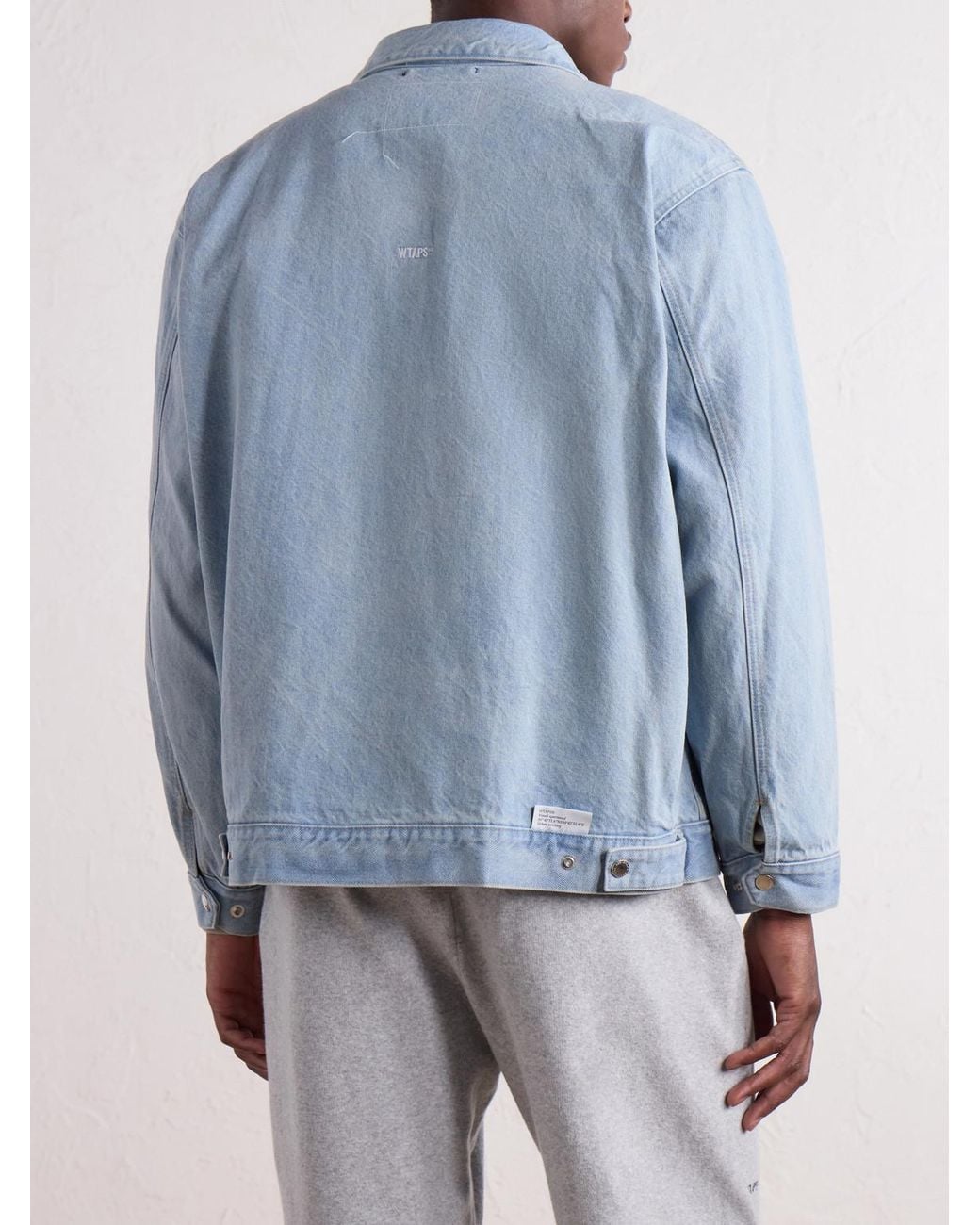 (w)taps Blue Wrecker Logo-Appliquéd Paint-Splattered Denim Jacket for men