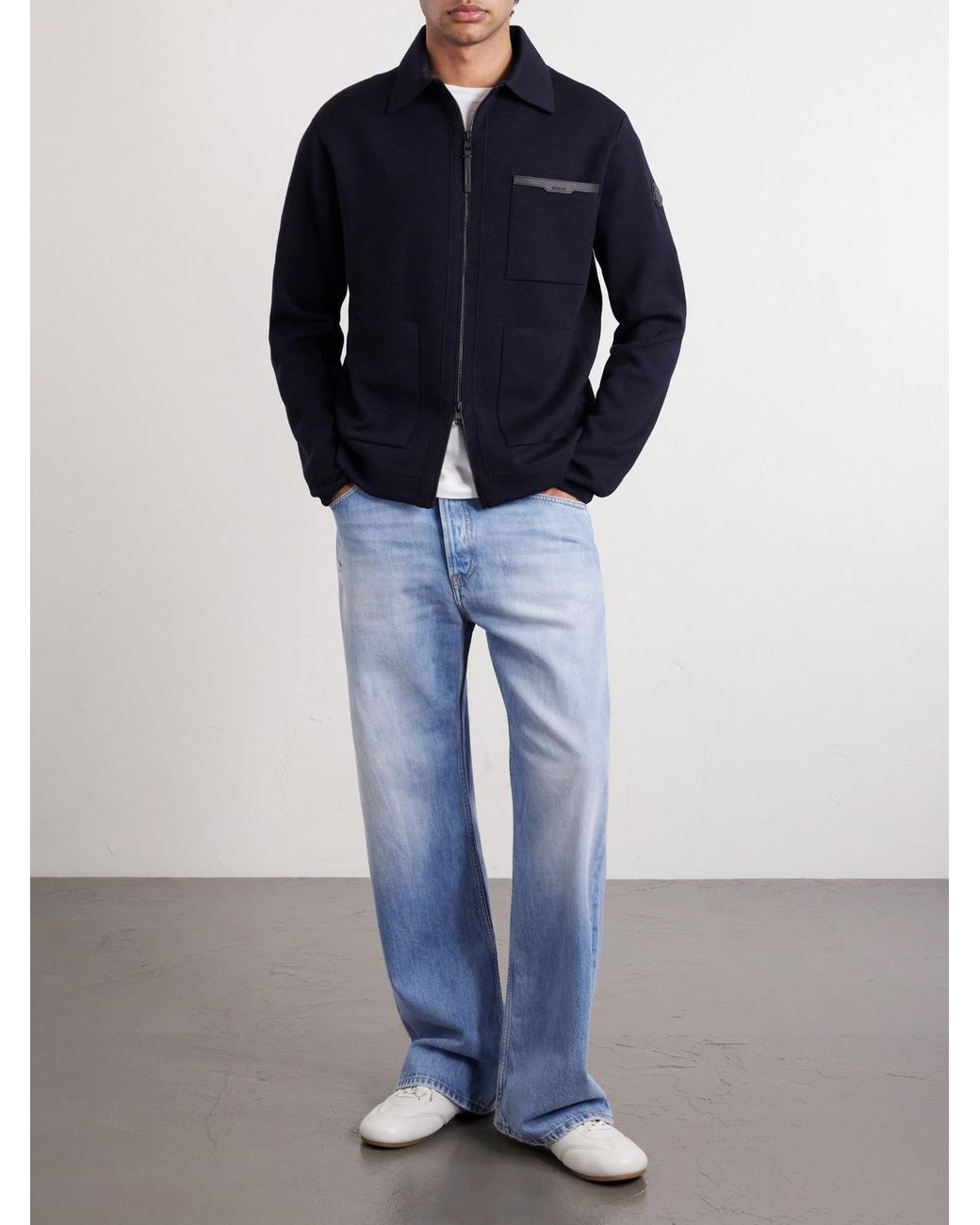 Moncler Blue Leather-Trimmed Virgin Wool Zip-Up Cardigan for men