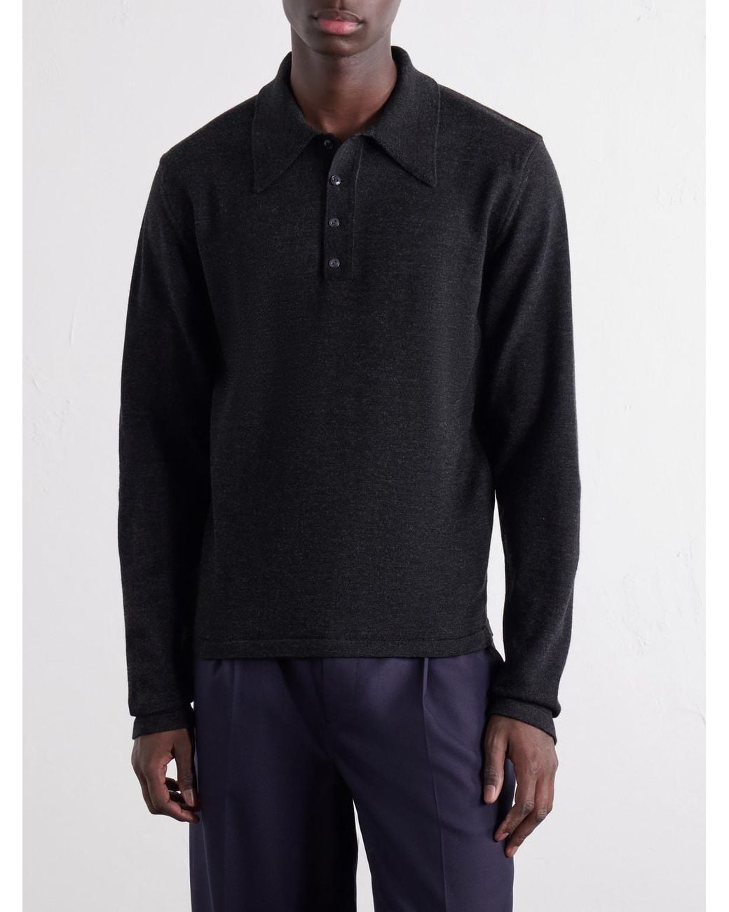 Lemaire Blue Mouliné Wool Polo Shirt for men