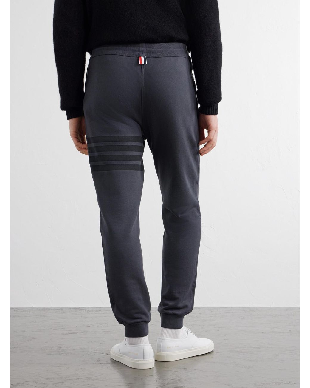 Thom Browne Blue Tapered 4-Bar Detailed Cotton-Jersey Drawstring Sweatpants for men