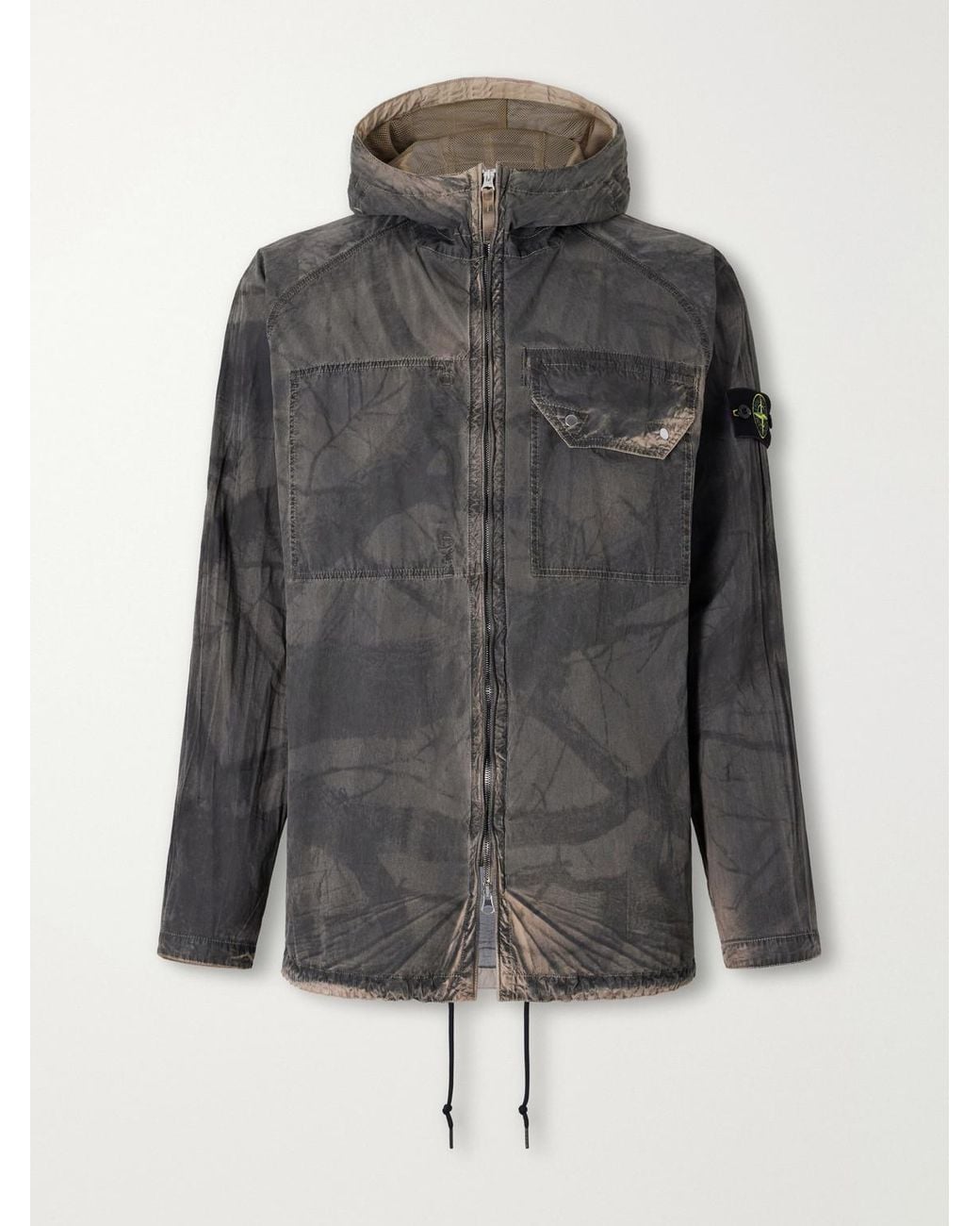 Stone Island Gray Garment-Dyed Printed Hooded Recycled Crinkle Reps Overshirt for men