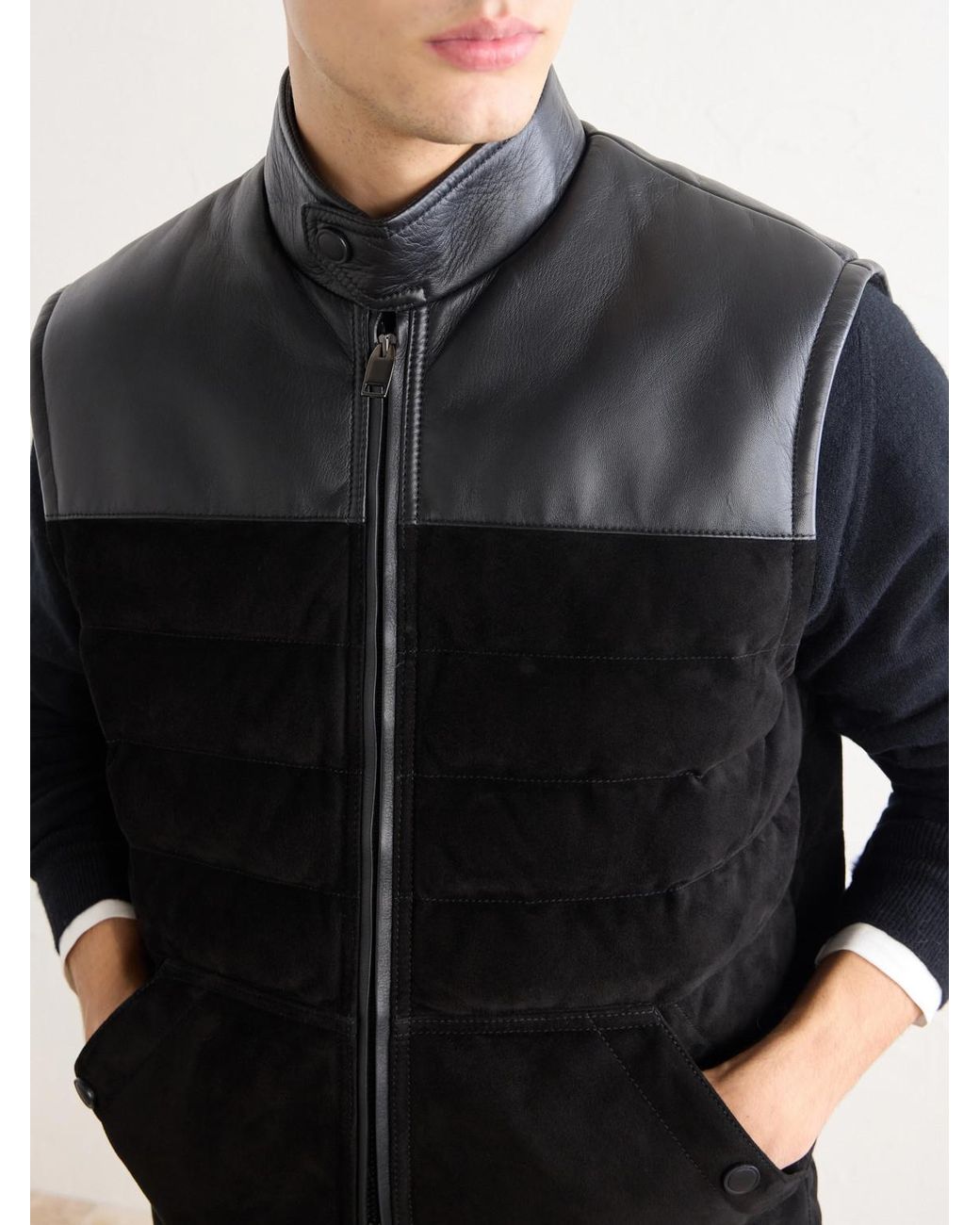 Brioni Black Leather-Trimmed Suede Gilet for men