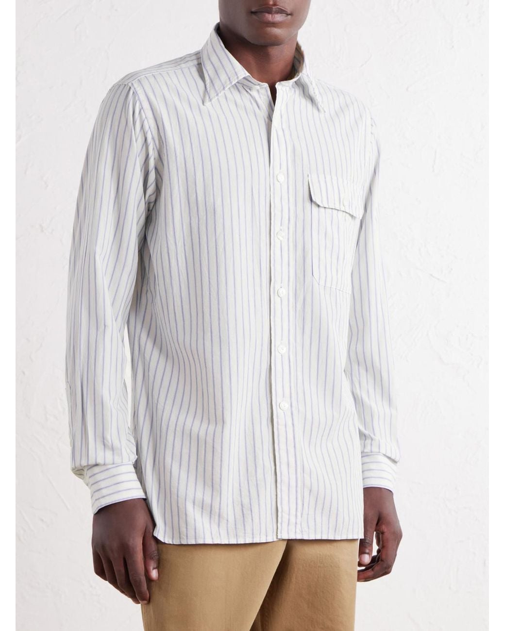 Drake's White Striped Cotton And Linen-Blend Poplin Shirt for men