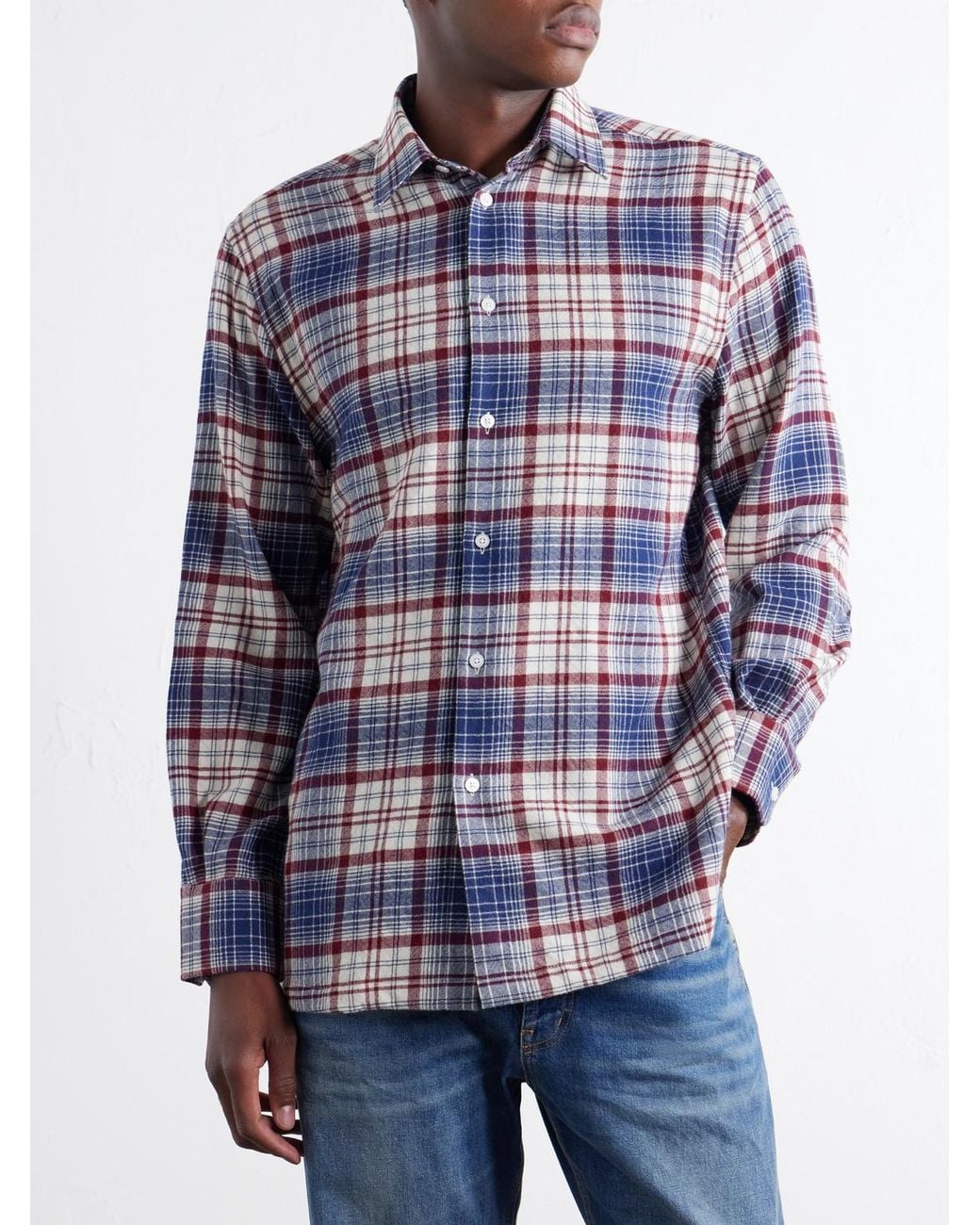 Willy Chavarria Blue Checked Brushed Virgin Wool-Flannel Shirt for men