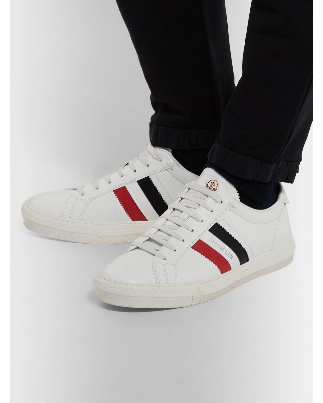 Moncler White New Monaco Striped Leather Sneakers for men