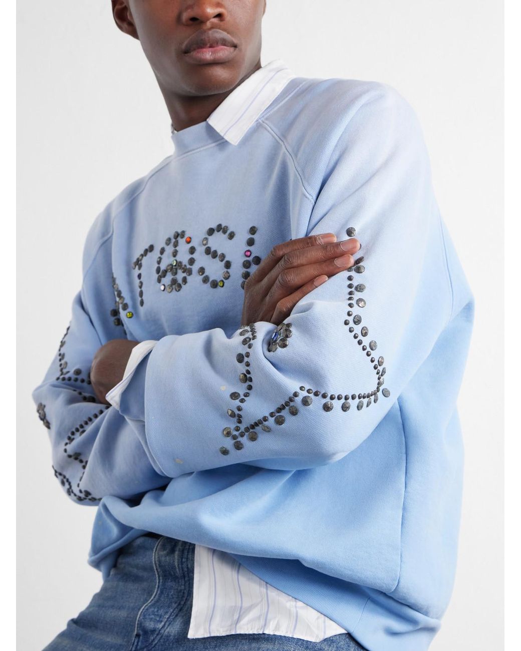 Satoshi Nakamoto Blue Star Stud-Embellished Paint-Splattered Cotton-Jersey Sweater for men