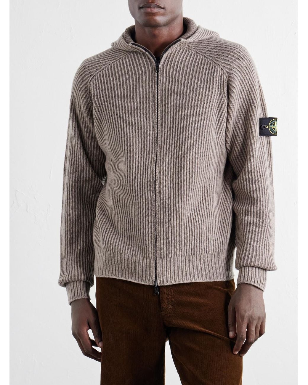 Stone Island Gray Ribbed Cashmere And Wool-Blend Zip-Up Hoodie for men