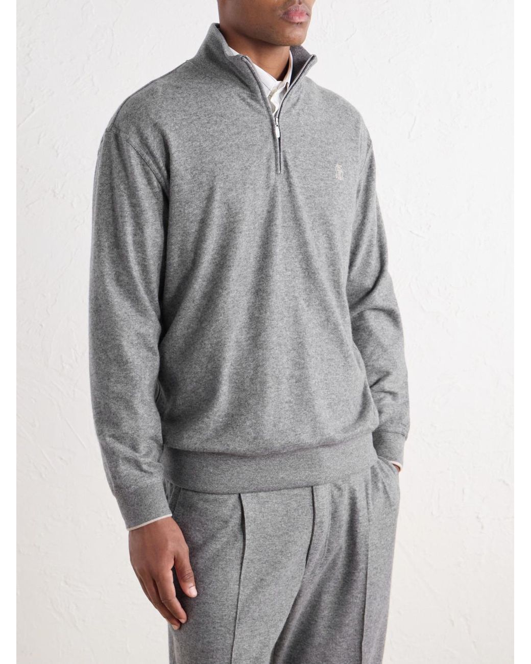 Brunello Cucinelli Gray Logo-Embroidered Cashmere Half-Zip Sweater for men