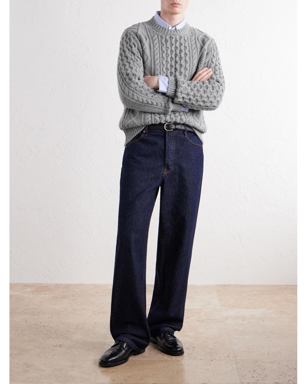 Anderson & Sheppard Gray Aran Cable-Knit Wool And Cashmere-Blend Sweater for men