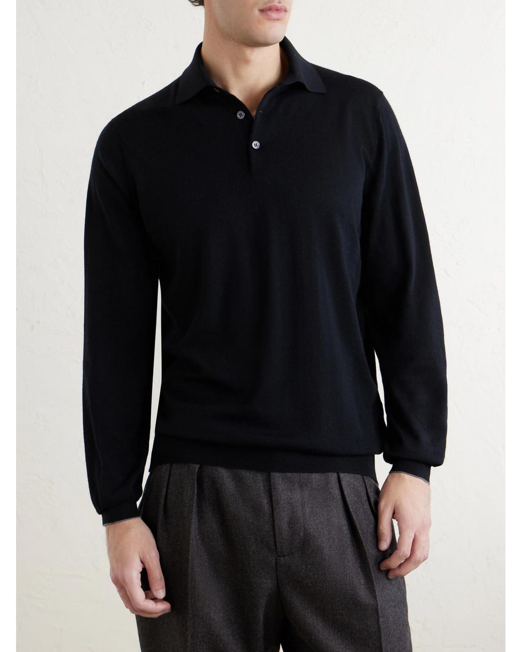 Brunello Cucinelli Black Virgin Wool And Cashmere-blend Polo Shirt for men