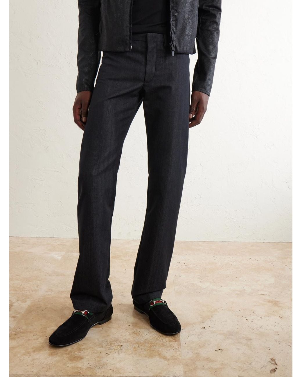 Gucci Black Como Horsebit-Embellished Web-Trimmed Suede Loafers for men