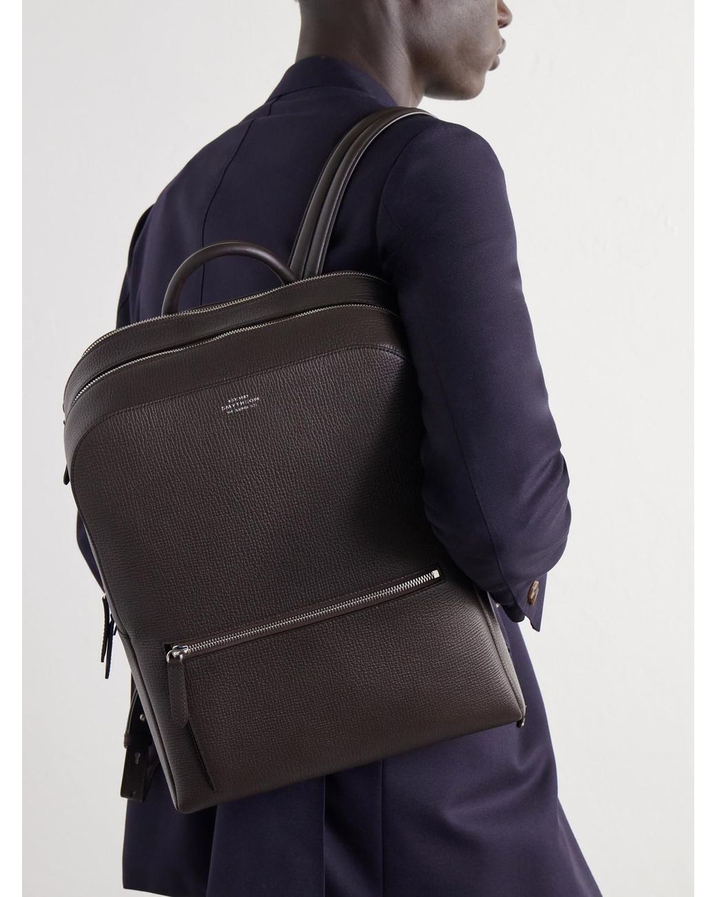 Smythson Gray Full-Grain Leather Backpack for men