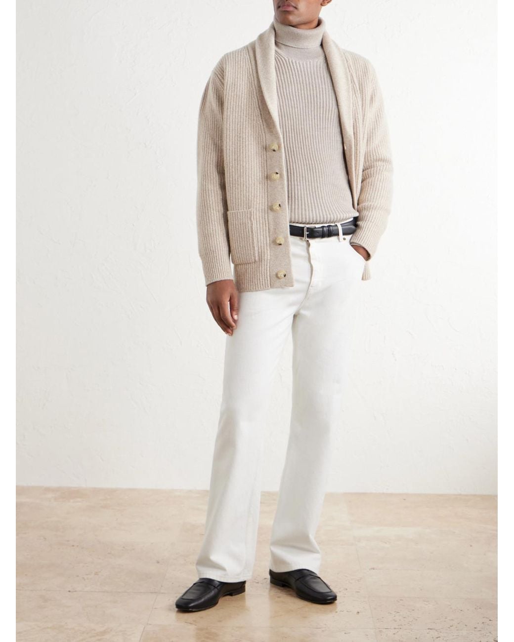 De Petrillo Natural Ribbed Merino Wool And Cashmere-Blend Cardigan for men