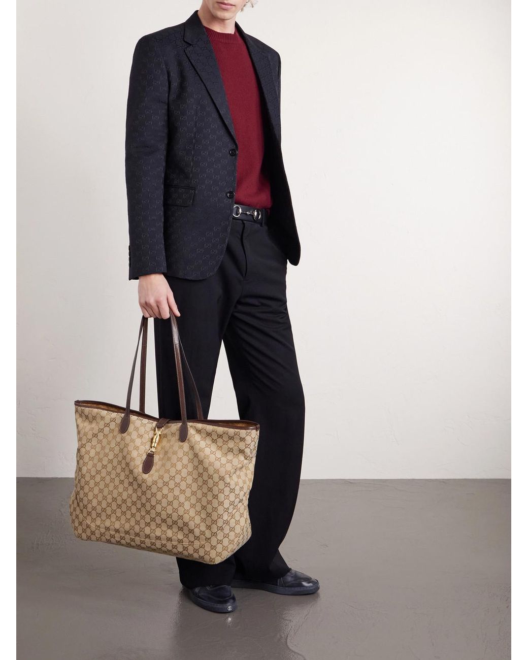 Gucci Natural Jackie Large Leather-Trimmed Canvas-Jacquard Tote Bag for men