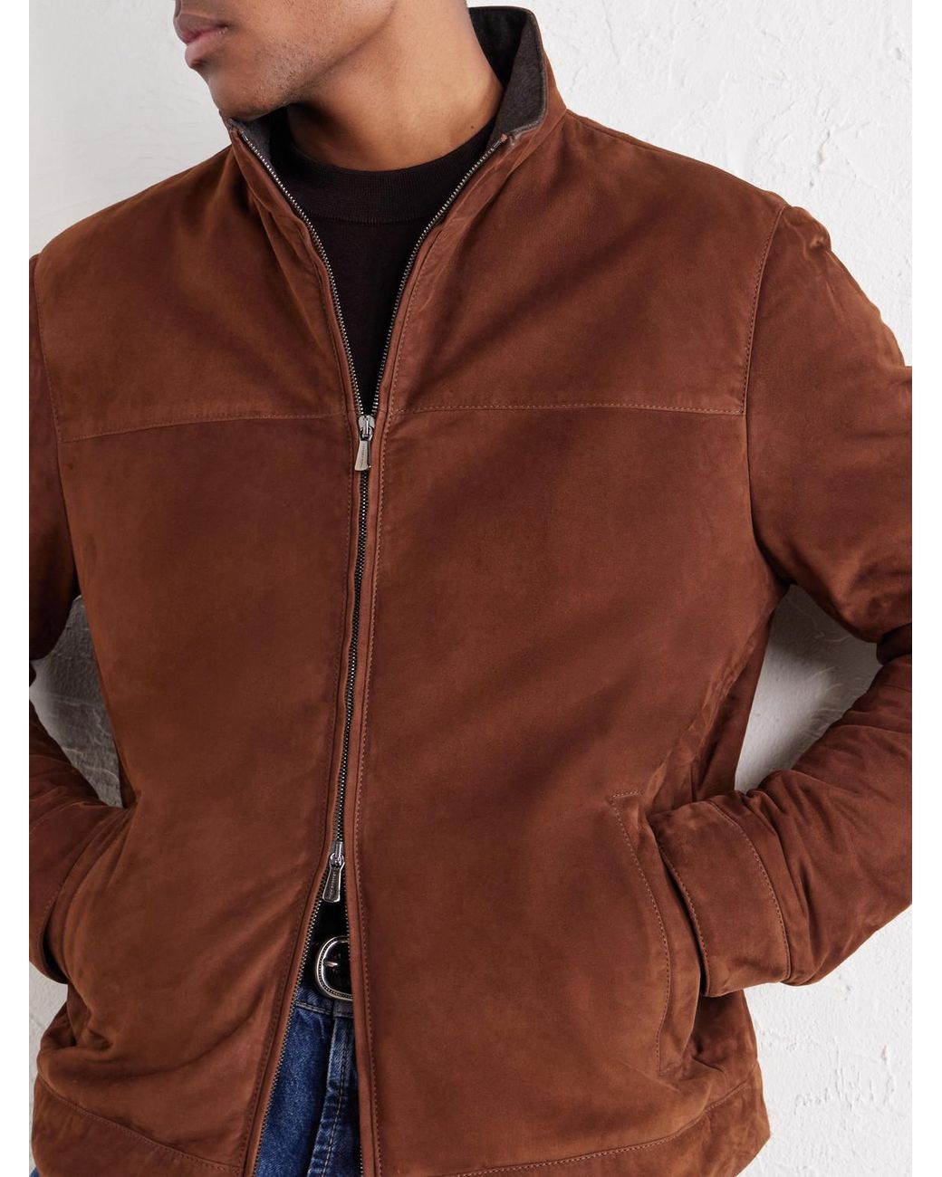 Thom Sweeney Brown Suede Mock-Neck Bomber Jacket for men